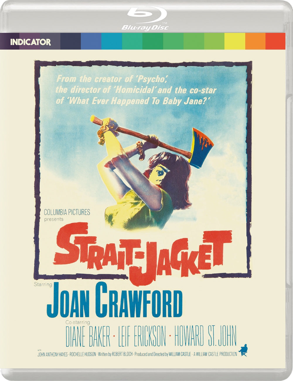 Blu-ray cover for “Strait-Jacket” featuring Joan Crawford with an axe.