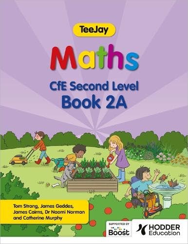 Textbook cover with children gardening, titled "TeeJay Maths CfE Second Level Book 2A".