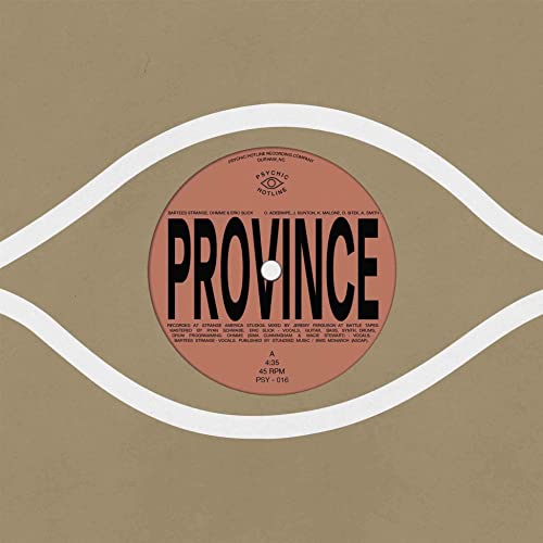 A circular vinyl record label reading Province centered on a tan background with eye outline.
