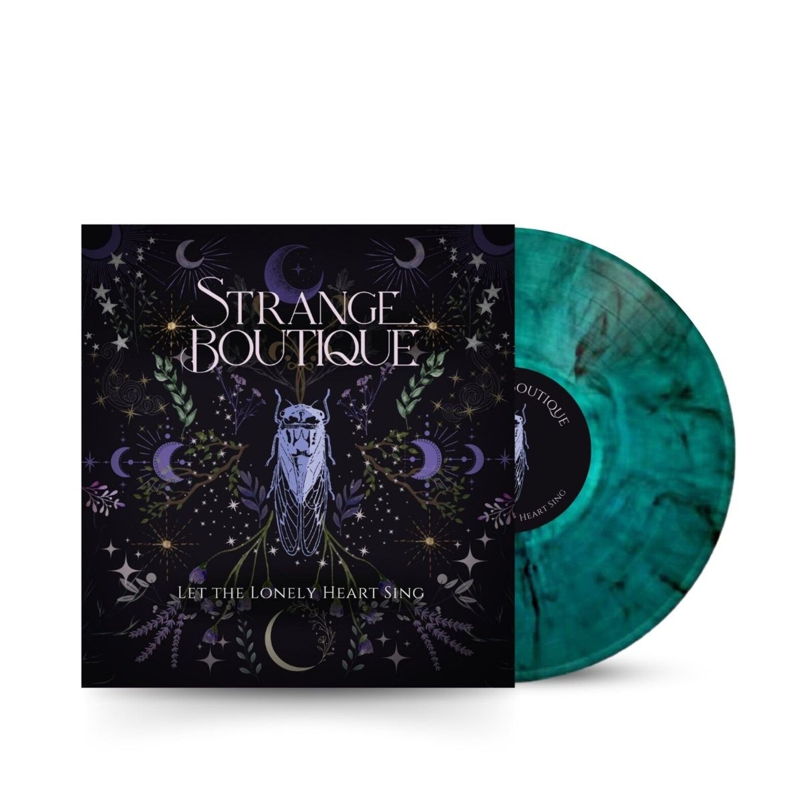 Vinyl record cover with moths and celestial imagery, and a teal marbled disc.