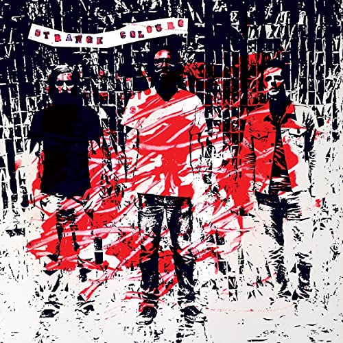 Red and black abstract album cover featuring three figures.