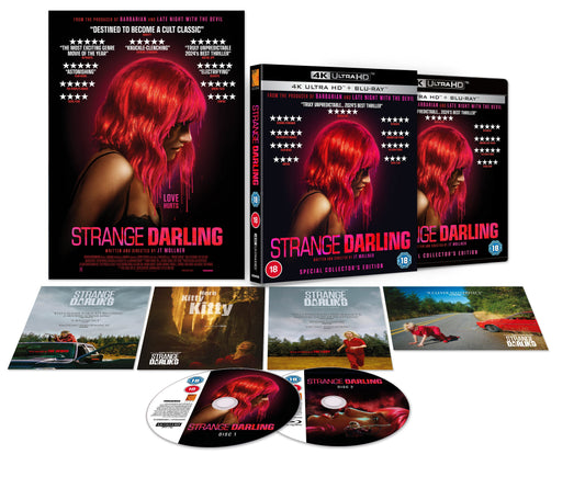 Strange Darling" 4K UHD Blu-ray cover featuring a woman with red hair.