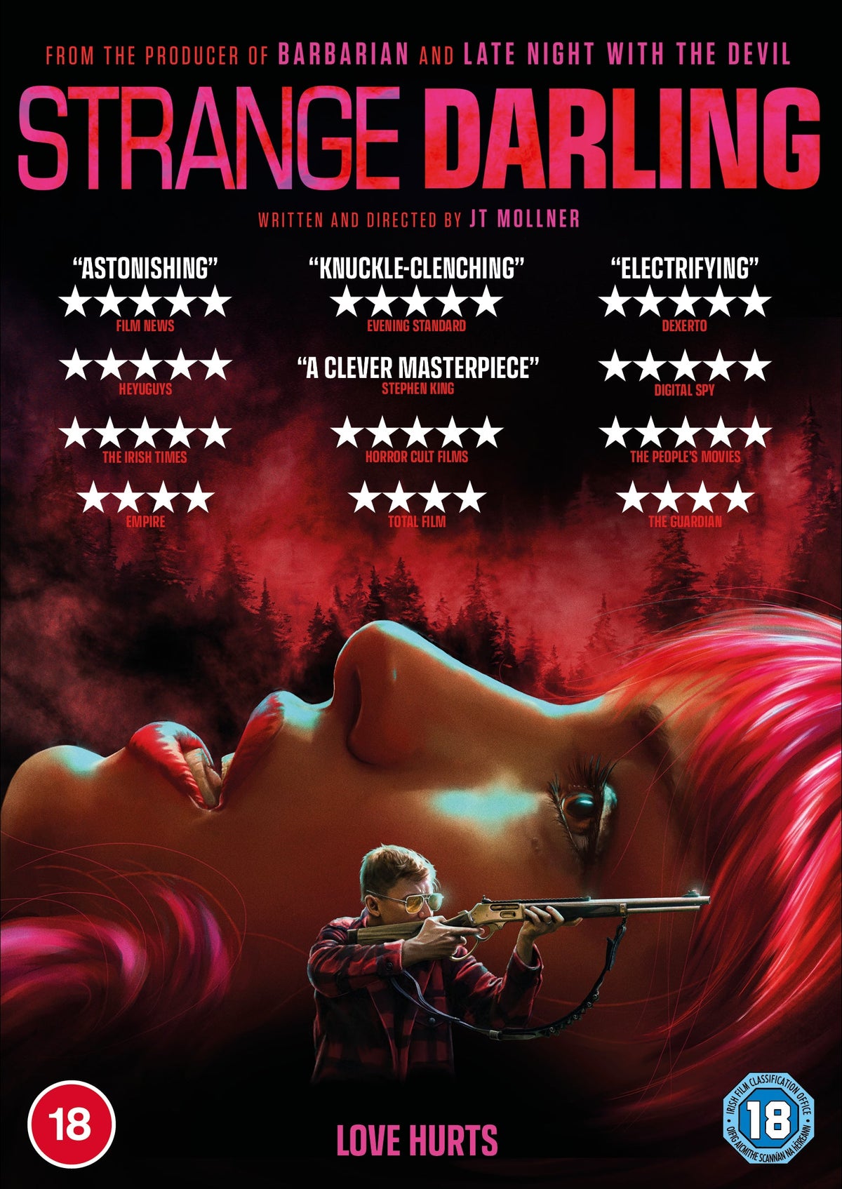 DVD cover for "Strange Darling" showing a woman and a man with a gun.