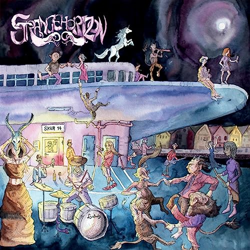 Album cover: watercolor painting of figures dancing around a train and buildings.