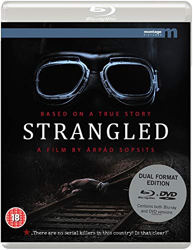 Blu-ray cover for Strangled featuring a pair of goggles over train tracks.