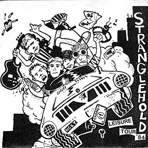 Cartoon illustration of people in a purple car with text Stranglehold Leisure Tour '84.