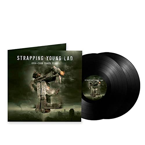 Strapping Young Lad vinyl record with soldier artwork and black discs.