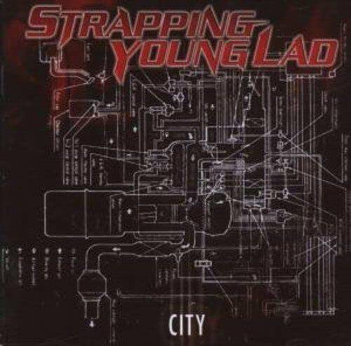 Strapping Young Lad "City" CD cover with red text and complex white schematics.