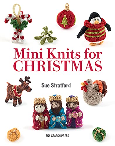 Book cover featuring knitted Christmas ornaments: reindeer, penguin, and angels.