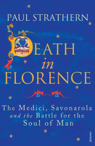 Book cover: “Death in Florence” with ornate initial and blue background.