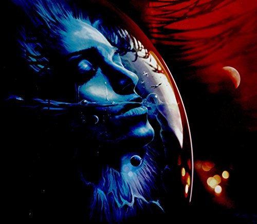 Blue-toned face within a helmet, with a planet and bubbles visible.