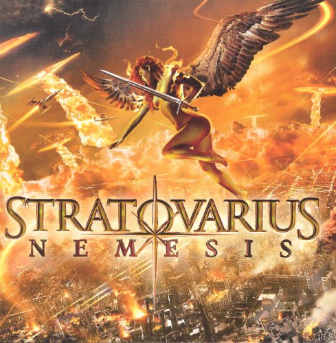 Stratovarius “Nemesis” CD cover: winged figure with sword over burning city.