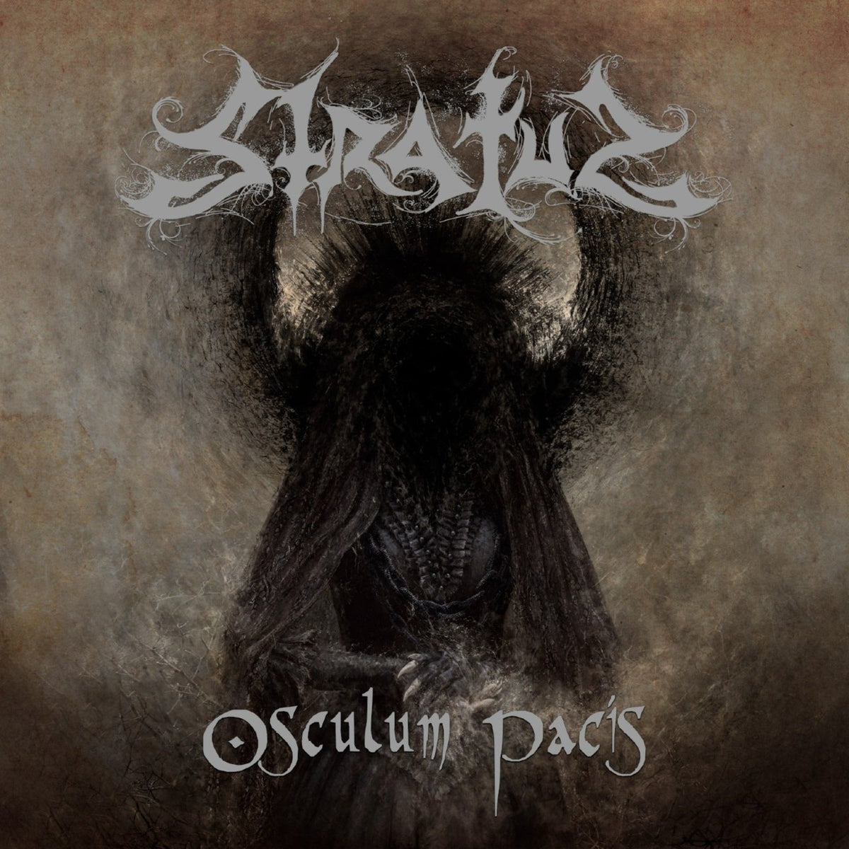 Dark, hooded figure with a halo on a textured brown background, with band logo.