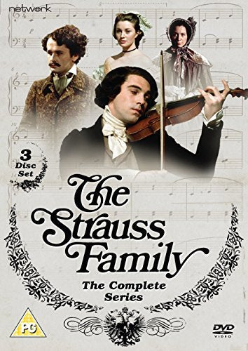 DVD cover for “The Strauss Family” featuring period portraits and musical notes.