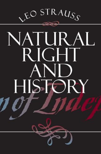 Book cover: "Natural Right and History" by Leo Strauss, dark background.