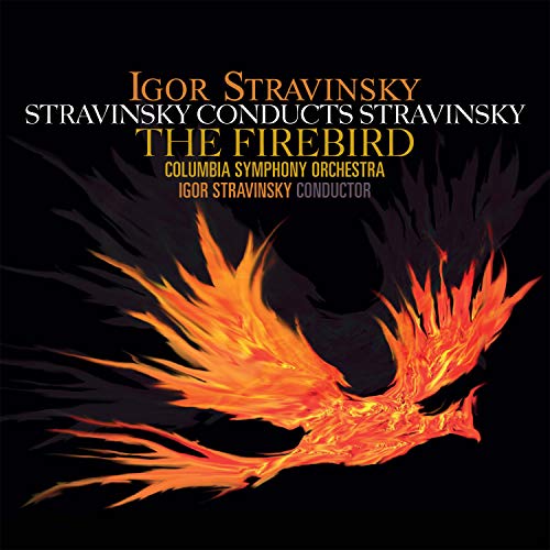 Album cover for Stravinsky’s “The Firebird” featuring a fiery bird illustration.