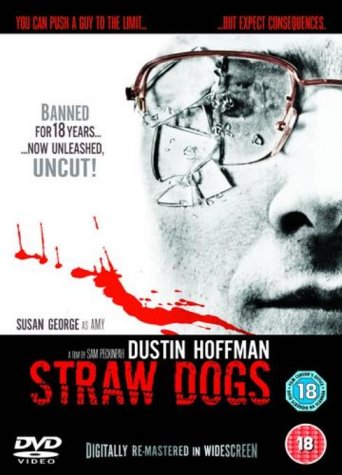 DVD cover for "Straw Dogs" featuring Dustin Hoffman and broken glass.