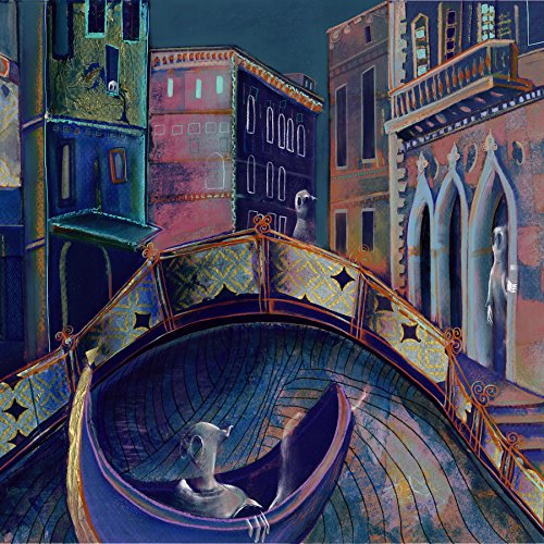"Album cover art: ghostly figures in a gondola on a Venetian canal at night."