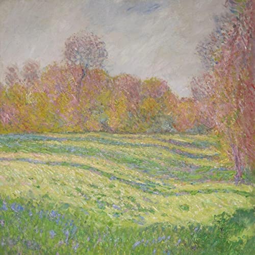 Impressionistic painting of a green field and trees in autumn colors.