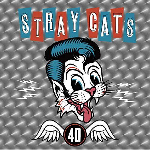 Stray Cats album cover featuring a cartoon cat with a pompadour on metal background.