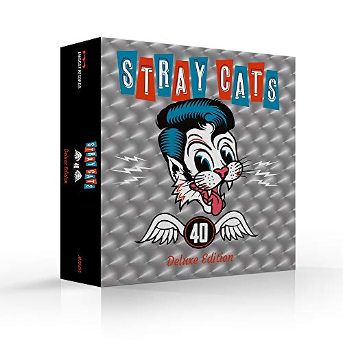 Stray Cats" 40th anniversary deluxe CD box set with cartoon cat illustration.