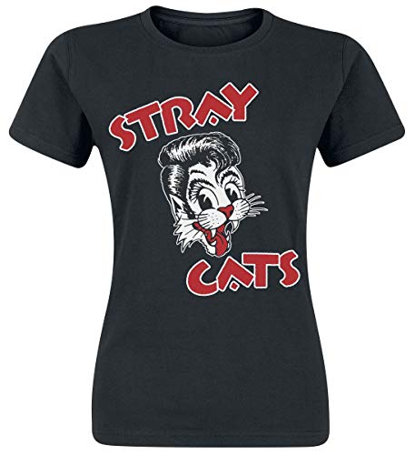Black t-shirt with a red and white "Stray Cats" logo featuring cats.