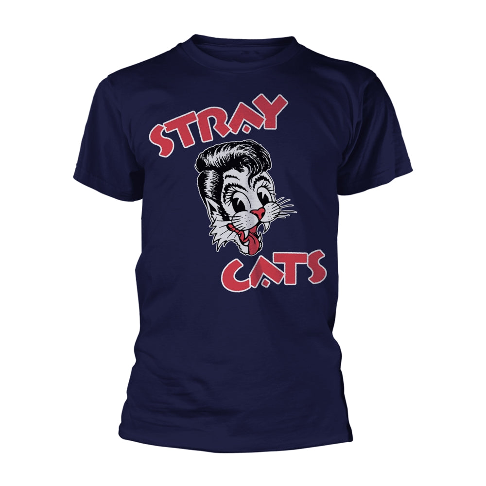 Navy t-shirt with a red and white cartoon cat and "STRAY CATS" text.