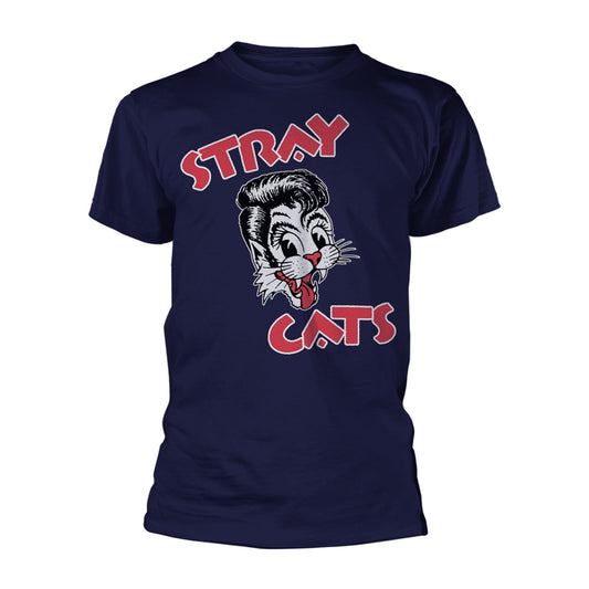 Navy t-shirt with a red and white cartoon cat and "STRAY CATS" text.