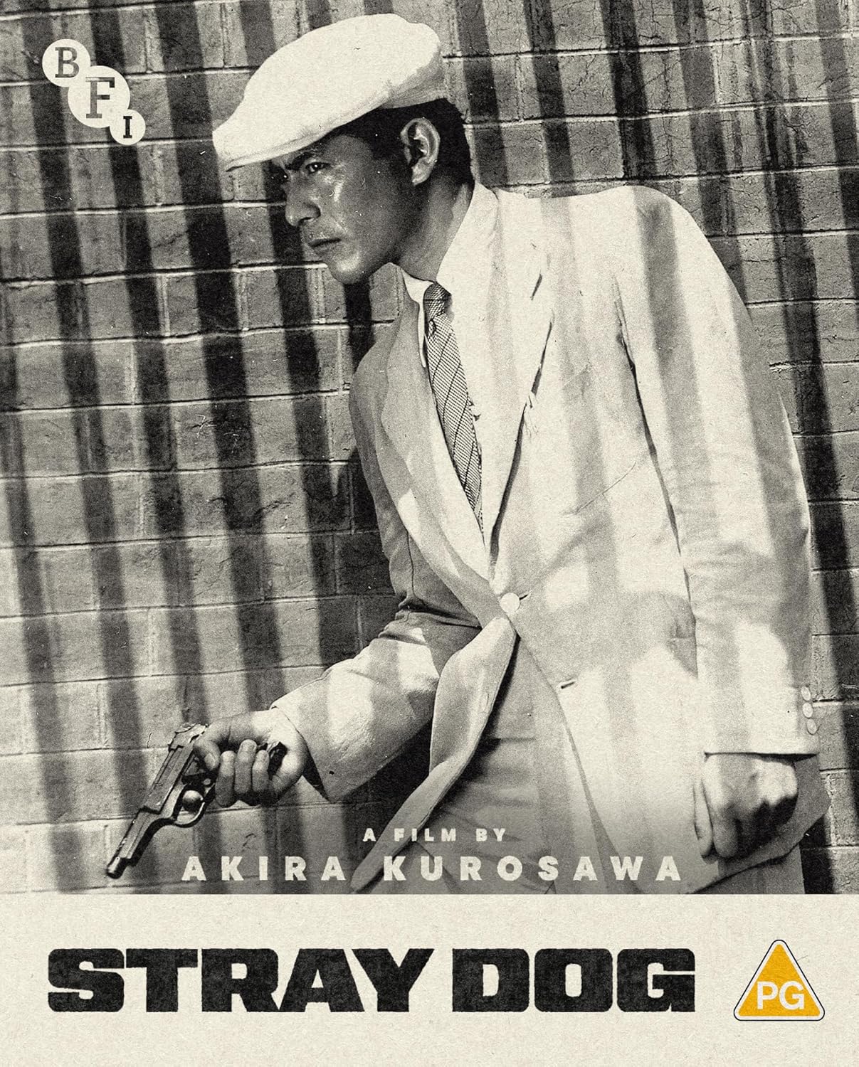 Black and white film poster for "Stray Dog" featuring a man with a gun.