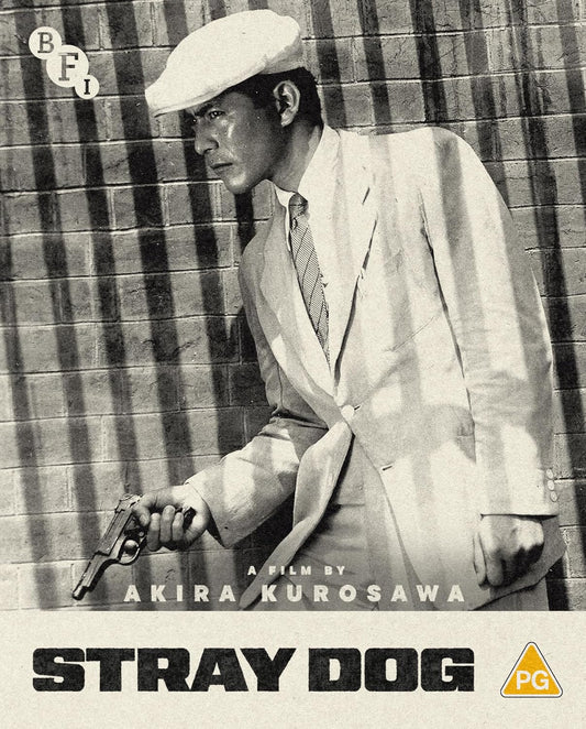 Black and white film poster for "Stray Dog" featuring a man with a gun.
