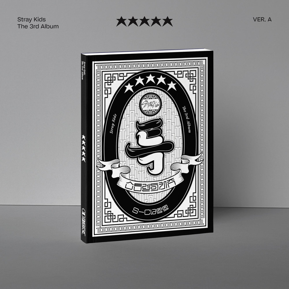 Gray Stray Kids album cover with a central black question mark.