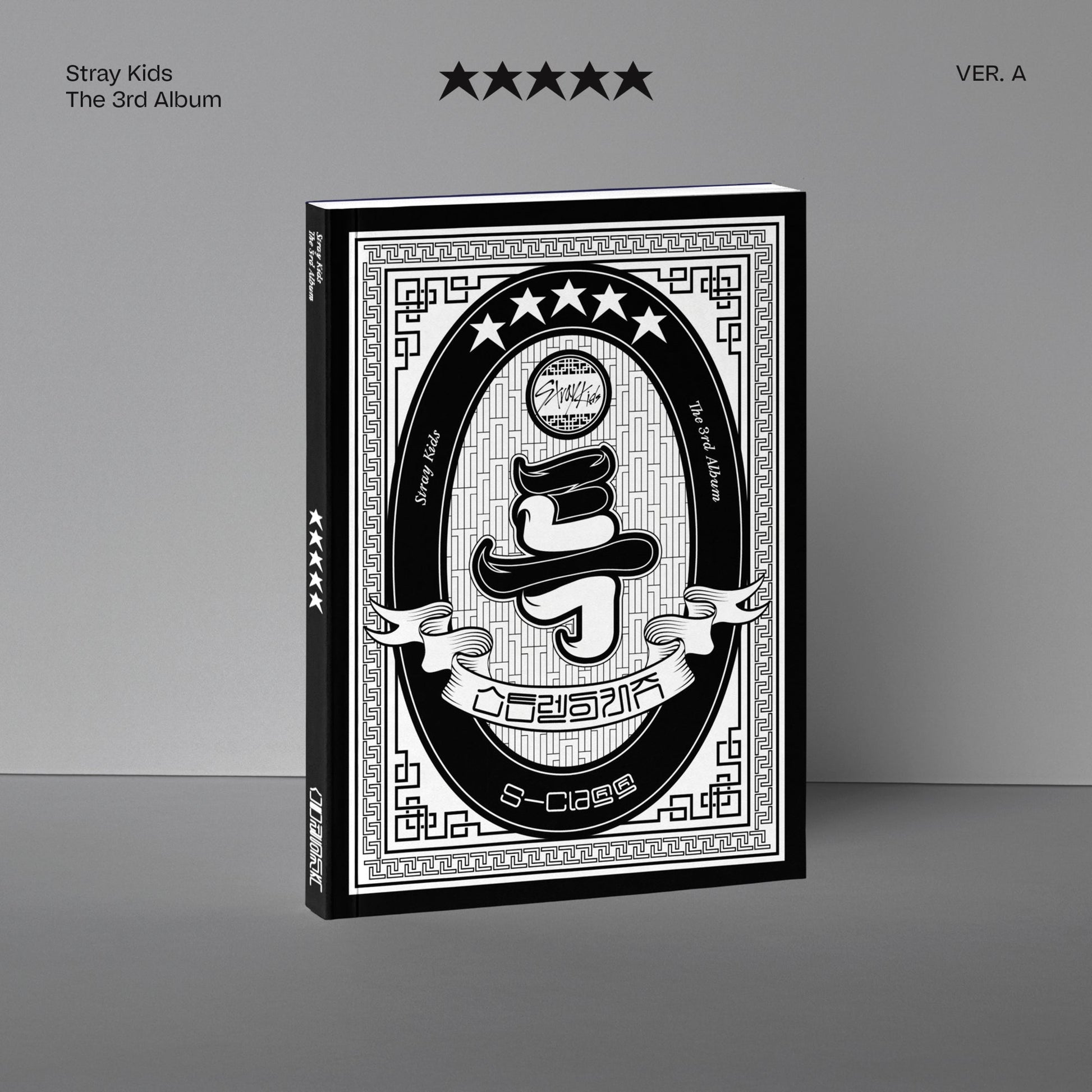 Gray Stray Kids album cover with a central black question mark.