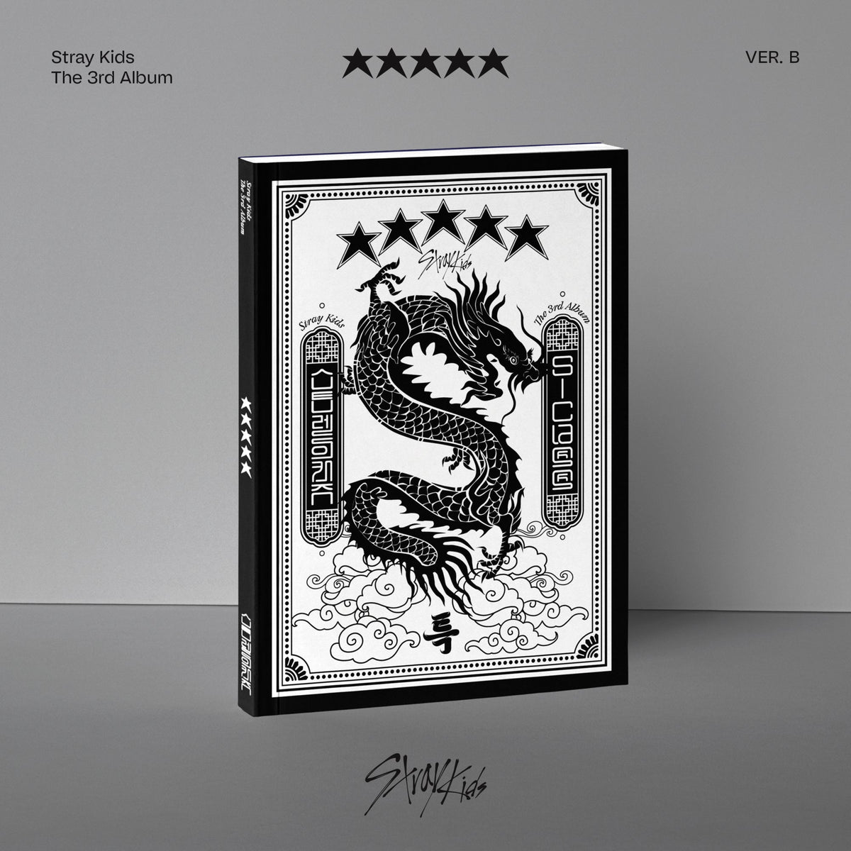 Gray album cover for Stray Kids' "5-STAR" with a central question mark.