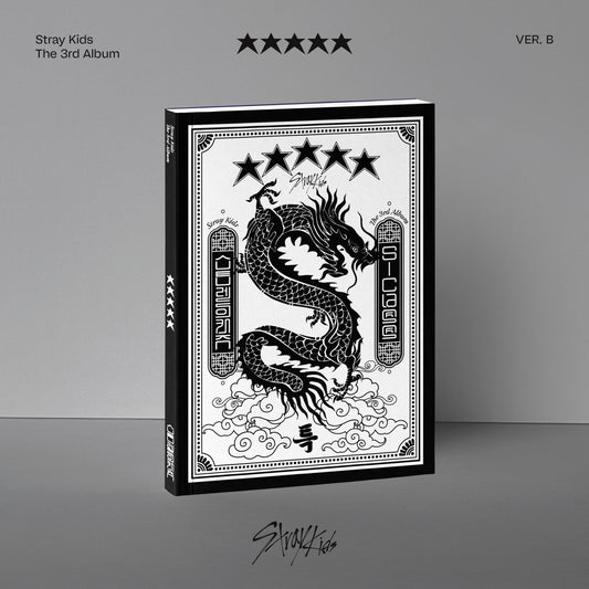 Gray album cover for Stray Kids' "5-STAR" with a central question mark.
