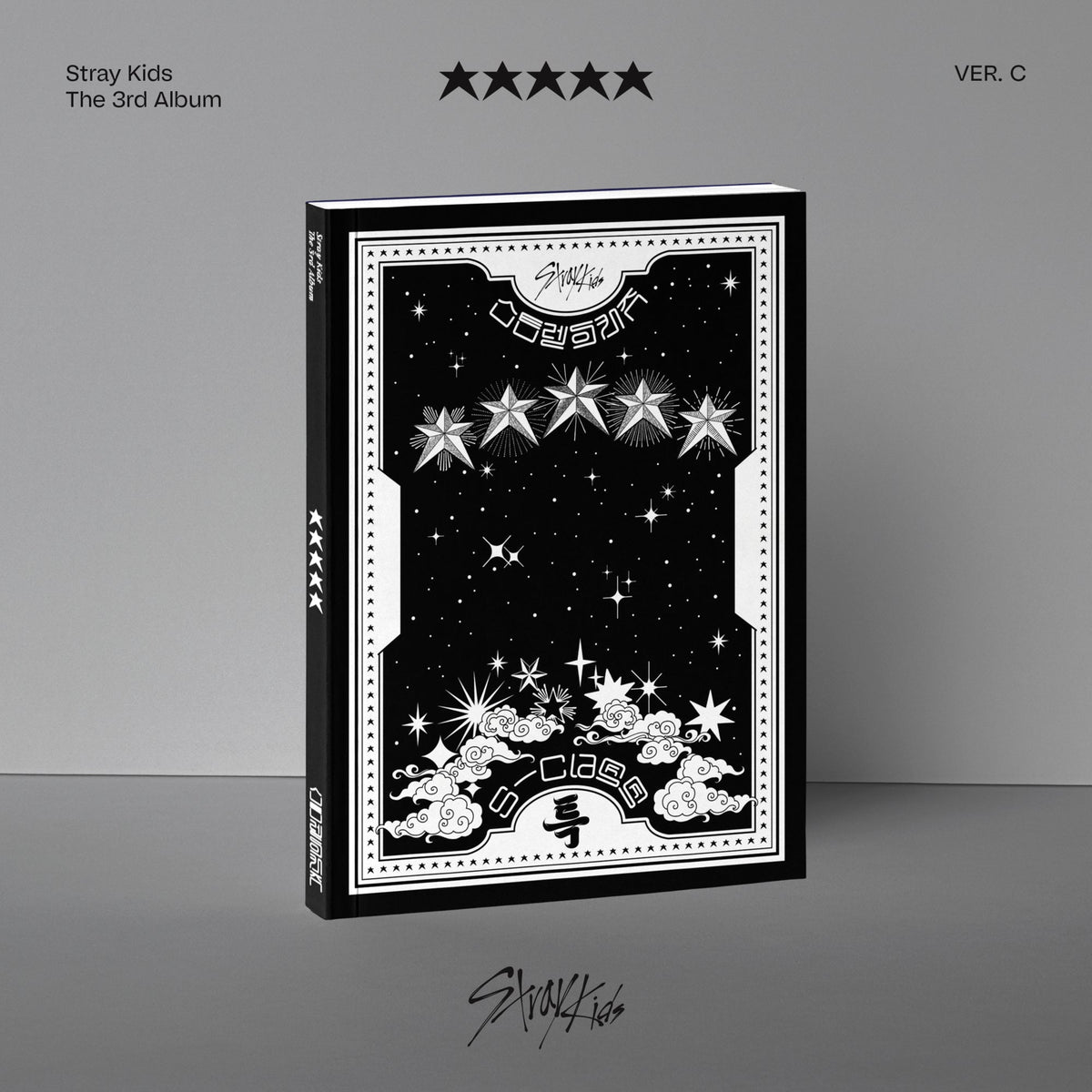 Gray Stray Kids album cover with a central black question mark.