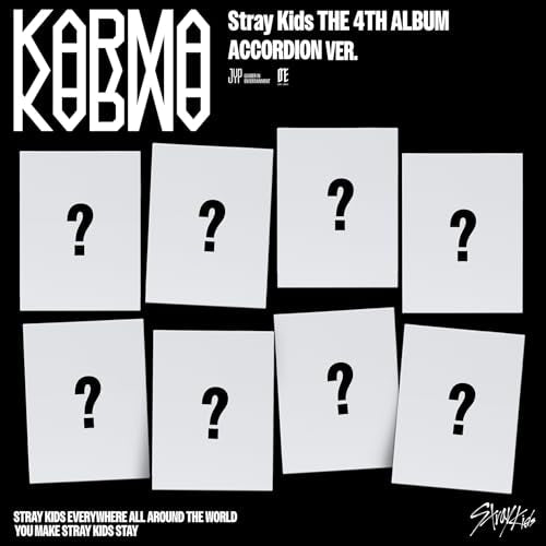 Stray Kids Karma album cover with eight blank white cards featuring question marks.
