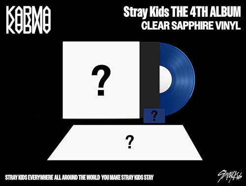 Stray Kids Karma album with a clear sapphire vinyl disc and question mark placeholders.