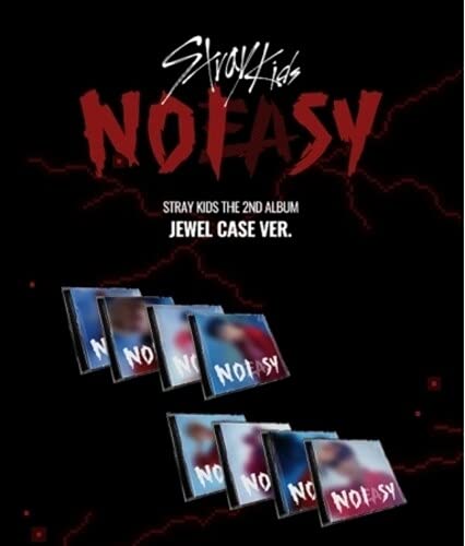 Stray Kids “Noeasy” album jewel cases against a dark, textured background.