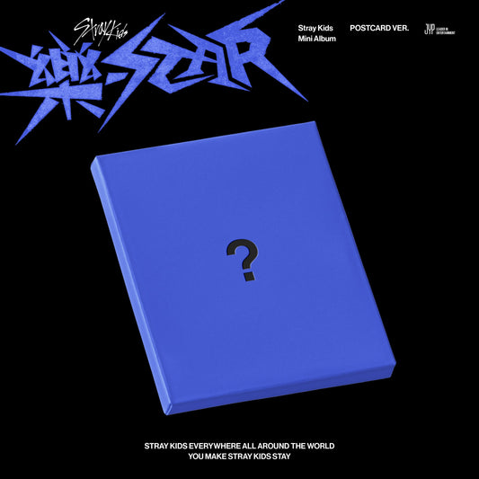 Blue Stray Kids "ROCK-STAR" postcard album with a question mark.