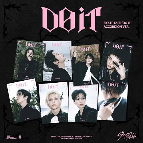 Stray Kids “DO IT” album cover with band members and cracked frame.