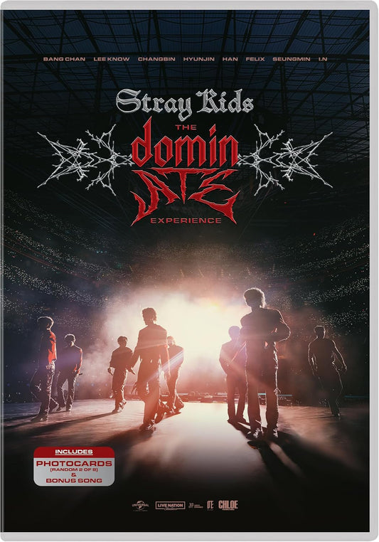 Stray Kids DVD cover featuring group silhouette and red, stylized text.