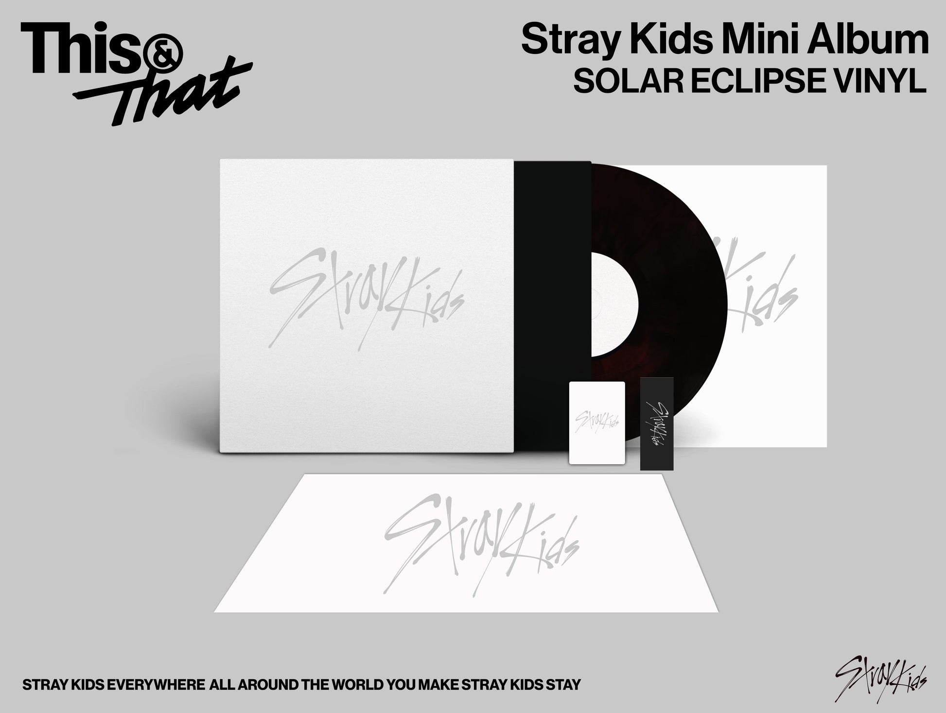 Stray Kids "THIS & THAT" vinyl record with eclipse design and case.