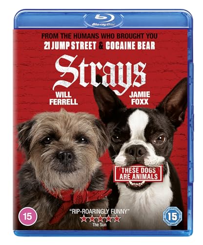 Strays" Blu-ray cover featuring two dogs, Will Ferrell, and Jamie Foxx.