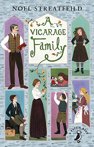 Book cover: “A Vicarage Family” with illustrated characters and floral design.