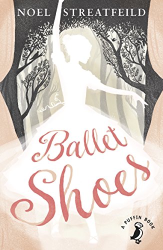 "Ballet Shoes" book cover featuring a ballerina surrounded by flowers and portraits on blue background.