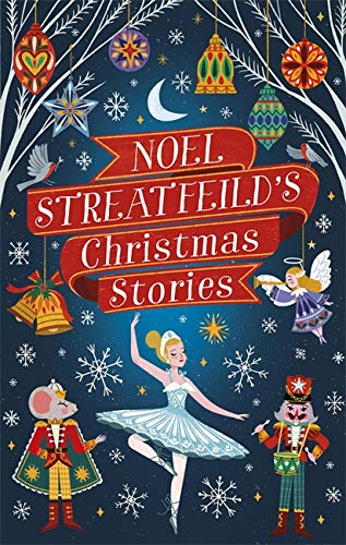 Book cover illustration with a ballerina, nutcracker, mouse, ornaments, and snowflakes on blue background.