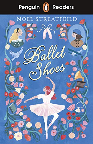 Book cover with a ballerina, floral design, and character portraits.