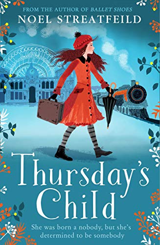Book cover: red-coated girl with suitcase walks toward a train.