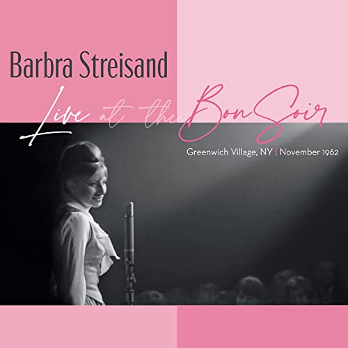Barbra Streisand album cover, black and white photo, pink background.