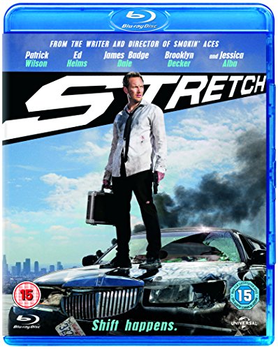 Stretch" Blu-ray cover featuring Patrick Wilson standing on damaged police cars.